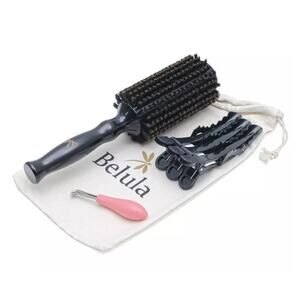 Medium Round BELULA 100% Boar Bristle Brush 3 clips & Cleaning Tool
